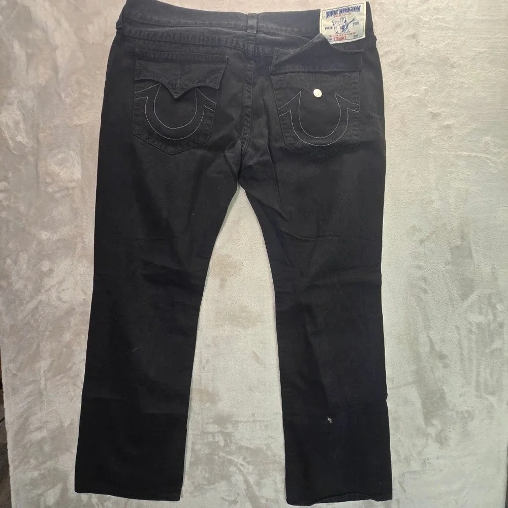 True Religion Straight Leg Jeans Mens 42 Black Denim Horseshoe Flap Pocket